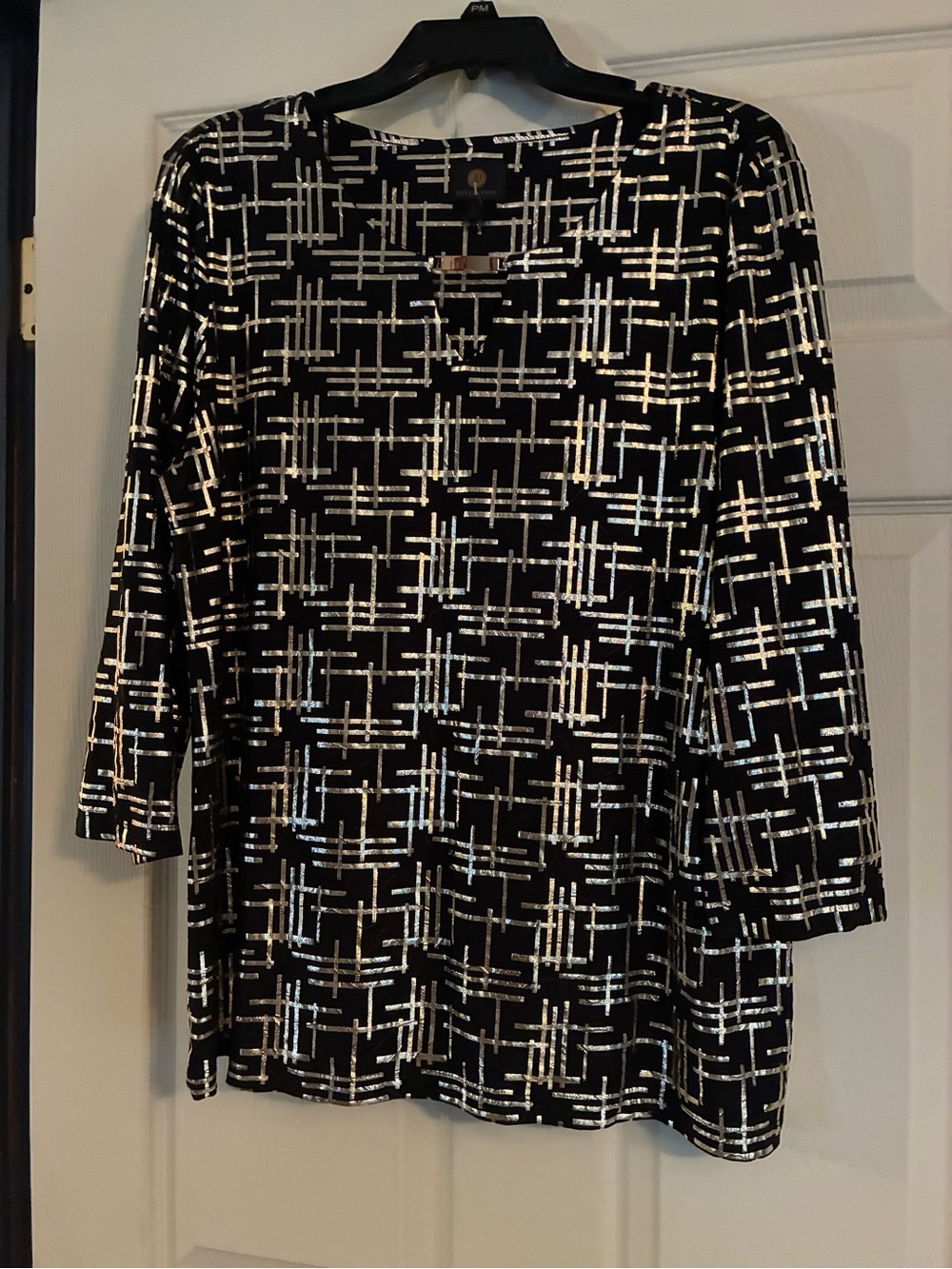 JM Collection Black 3/4 Sleeve Top with Gold Metallic Grid
